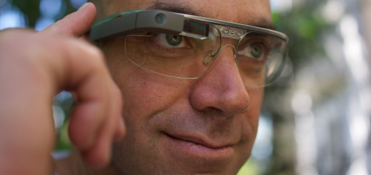 A man wearing Google Glass glasses
