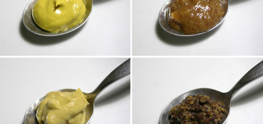 4 varieties of mustard, each on a spoon