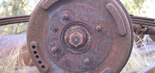 A rusting car drum brake